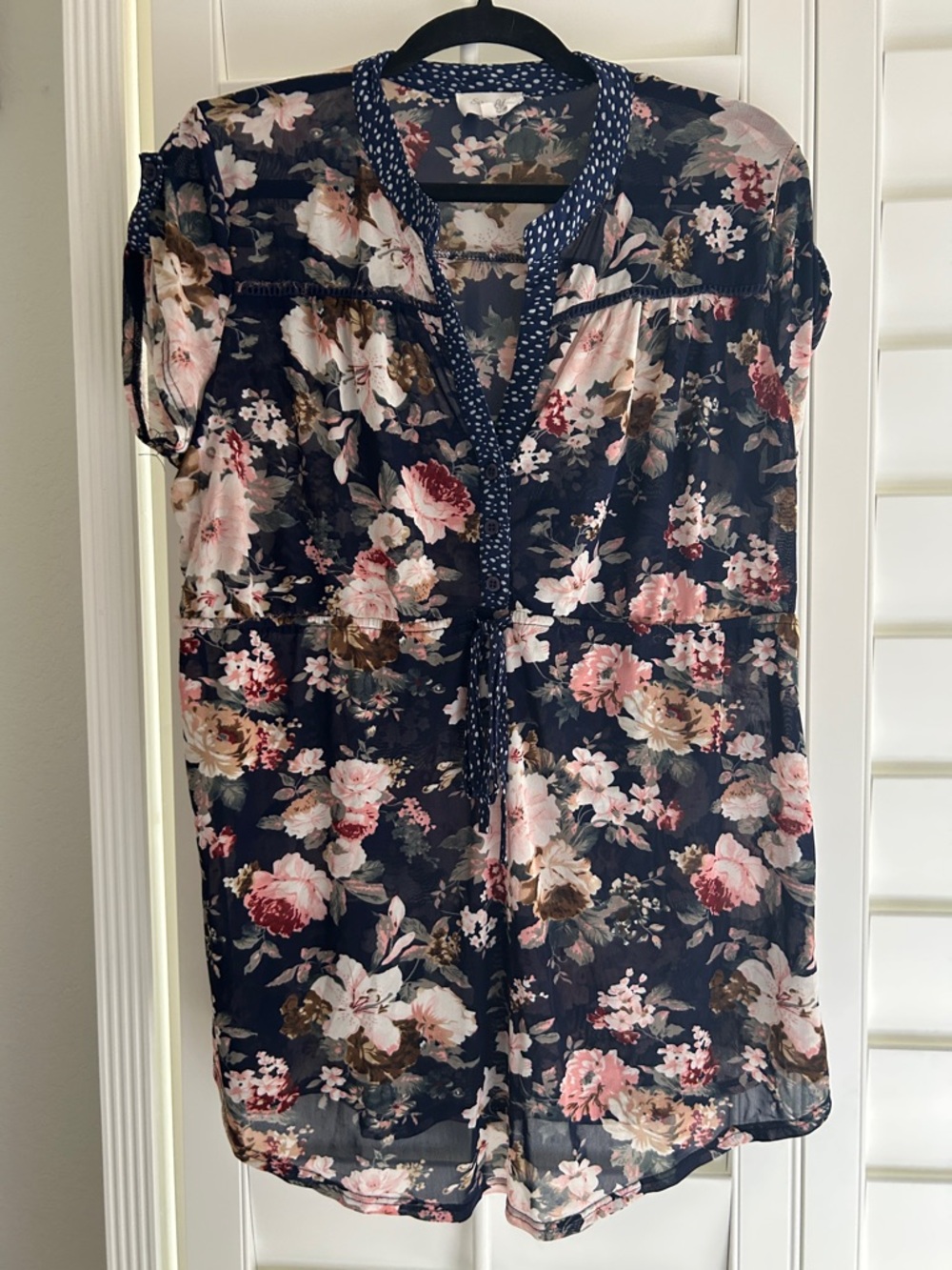 Siren Lily Navy Floral Tie-Front Blouse with Pink and Cream Blooms